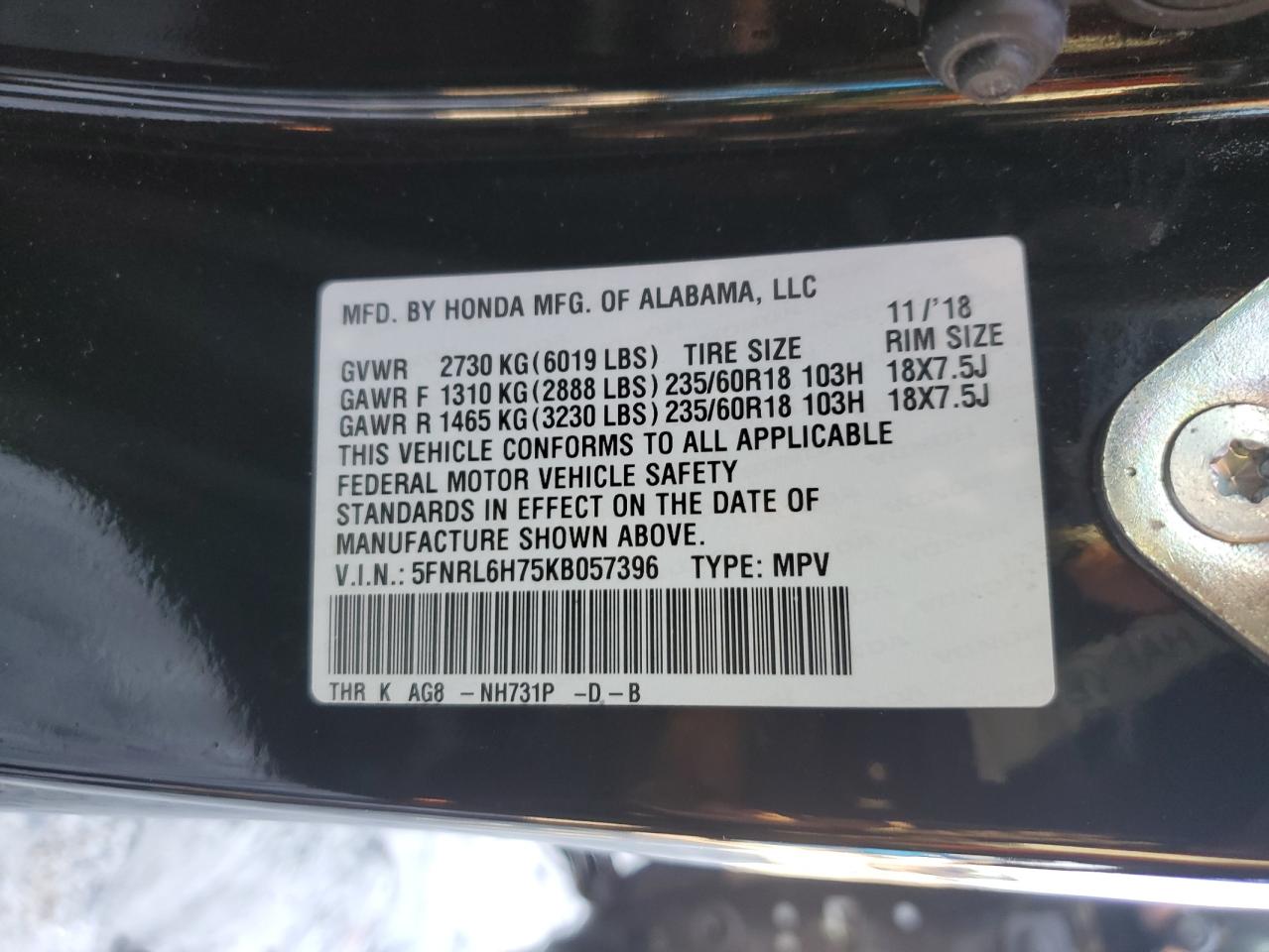 2019 Honda Odyssey VIN 5FNRL6H75KB057396 Copart auction photo, front end damage thumbnail 13