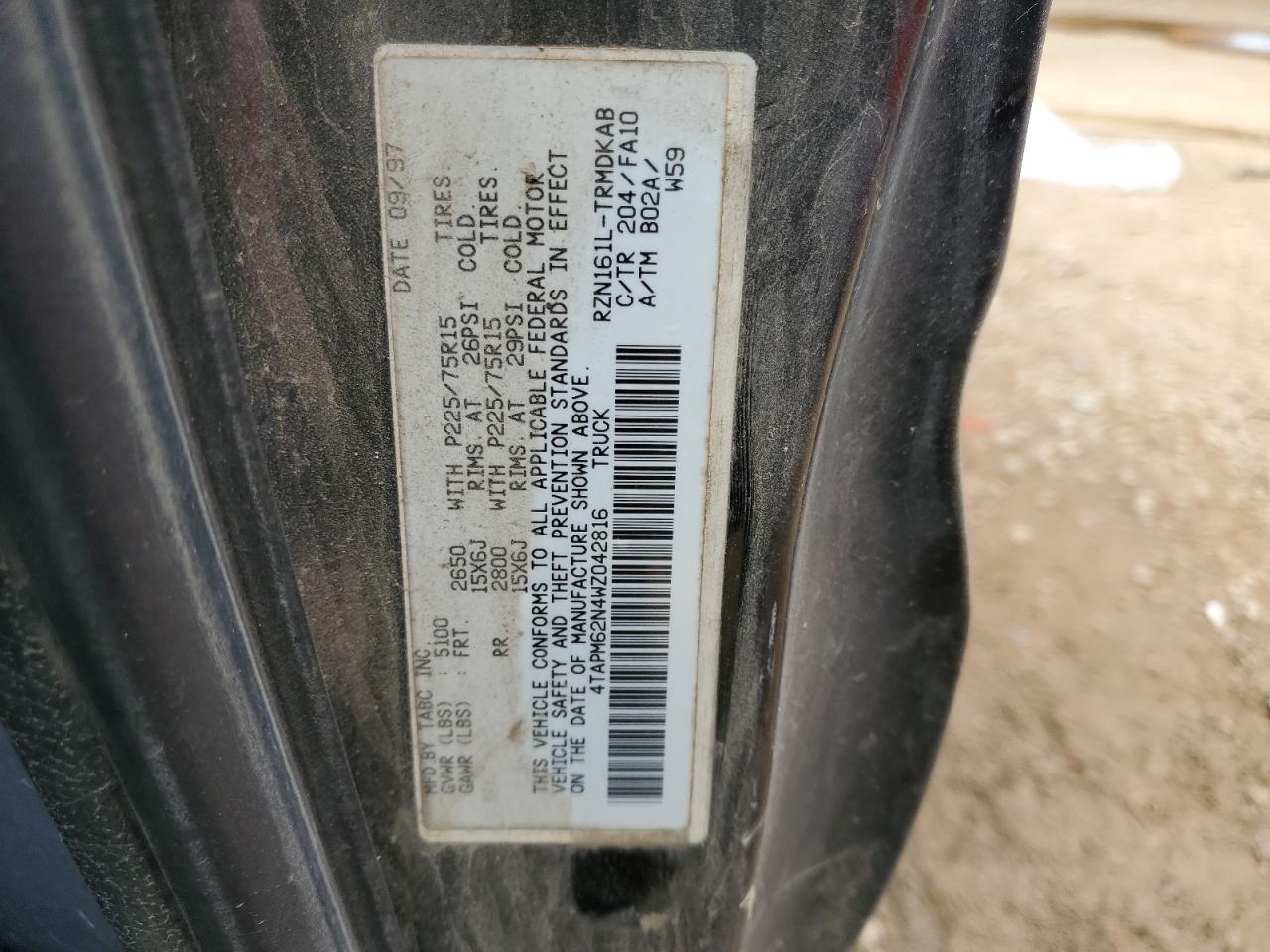 1998 Toyota Tacoma VIN 4TAPM62N4WZ042816 Copart auction photo, front end damage thumbnail 13