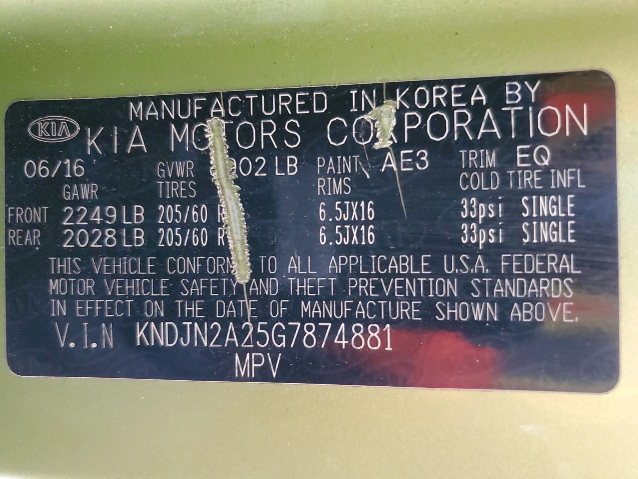 2016 KIA Soul VIN KNDJN2A25G7874881 Copart auction photo, front end damage thumbnail 14