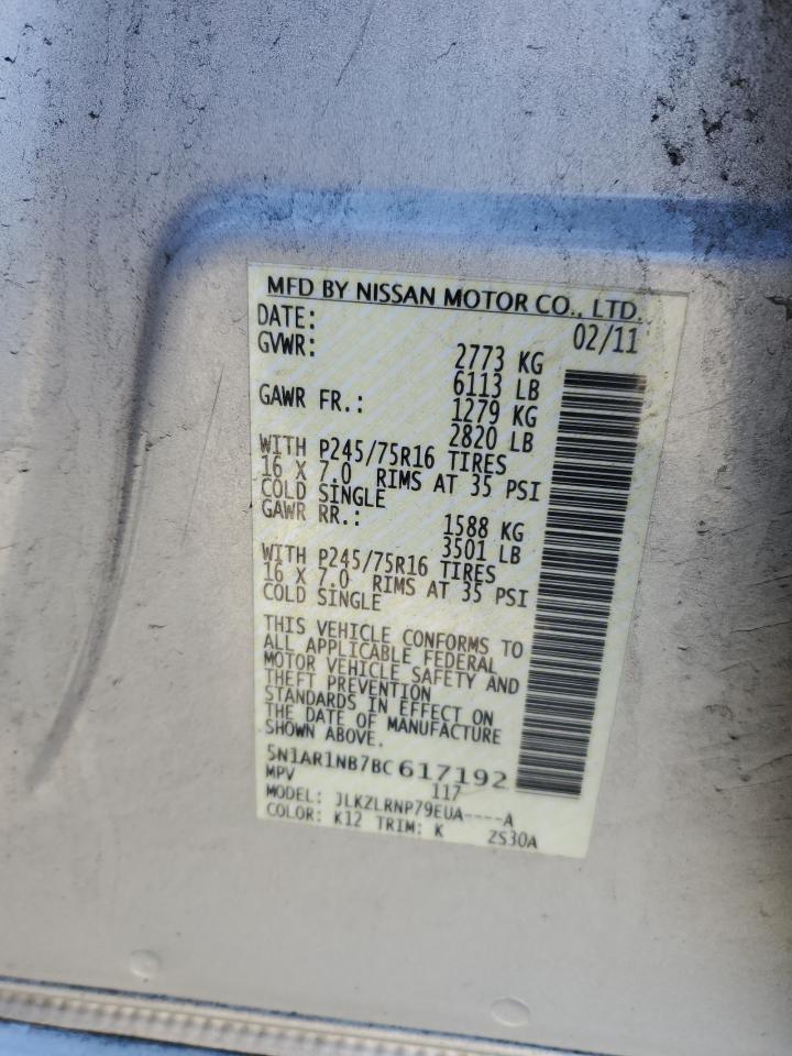 2011 Nissan Pathfinder VIN 5N1AR1NB7BC617192 Copart auction photo, rejected repair / all over damage thumbnail 16
