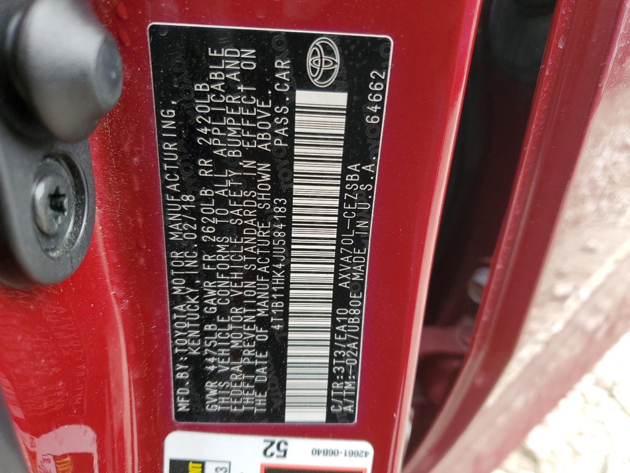 2018 Toyota Camry VIN 4T1B11HK4JU584183 Copart auction photo, front end damage thumbnail 12