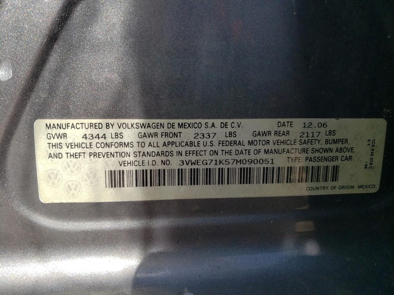 2007 Volkswagen Jetta VIN 3VWEG71K57M090051 Copart auction photo, side damage thumbnail 12