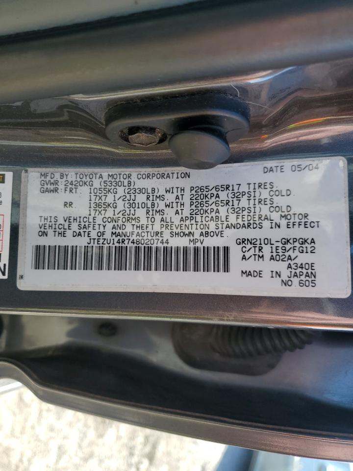 2004 Toyota 4Runner VIN JTEZU14R748020744 Copart auction photo, all over damage thumbnail 15