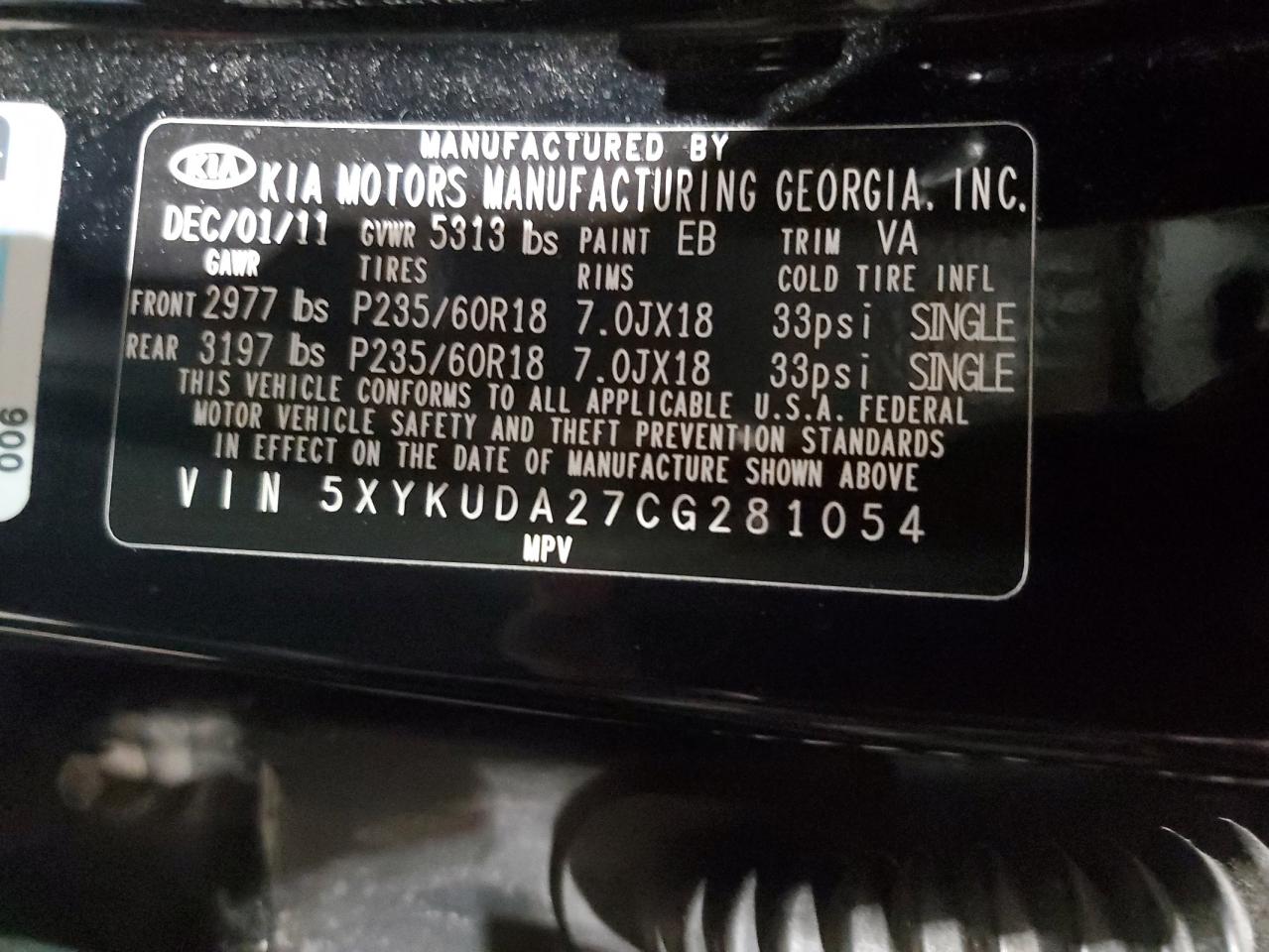 2012 KIA Sorento VIN 5XYKUDA27CG281054 Copart auction photo, side damage thumbnail 13