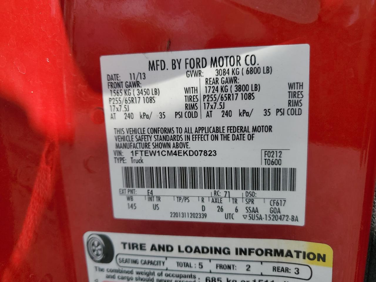 2014 Ford F-150 VIN 1FTEW1CM4EKD07823 Copart auction photo, front end damage thumbnail 13