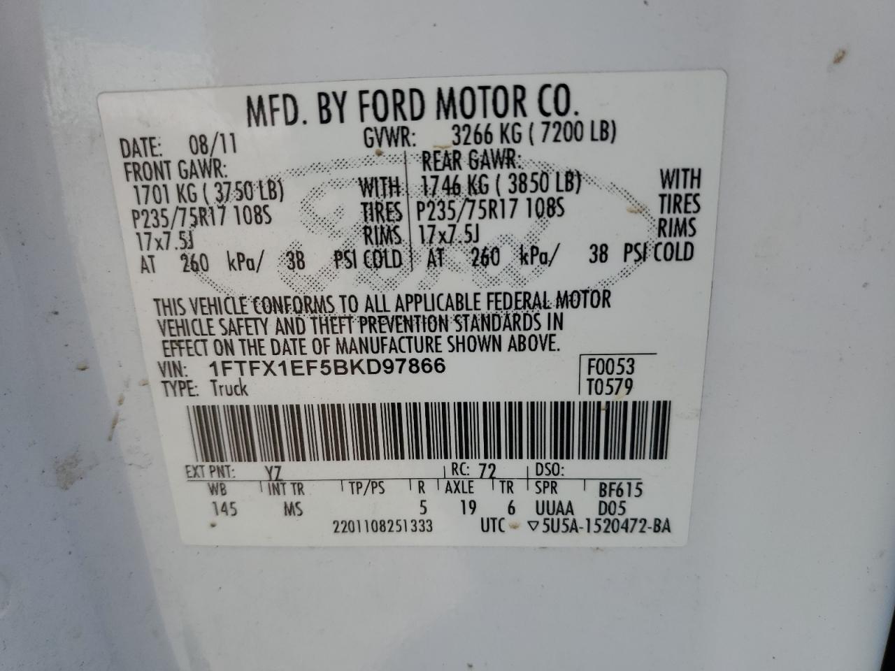 2011 Ford F-150 VIN 1FTFX1EF5BKD97866 Copart auction photo, rear end damage thumbnail 12