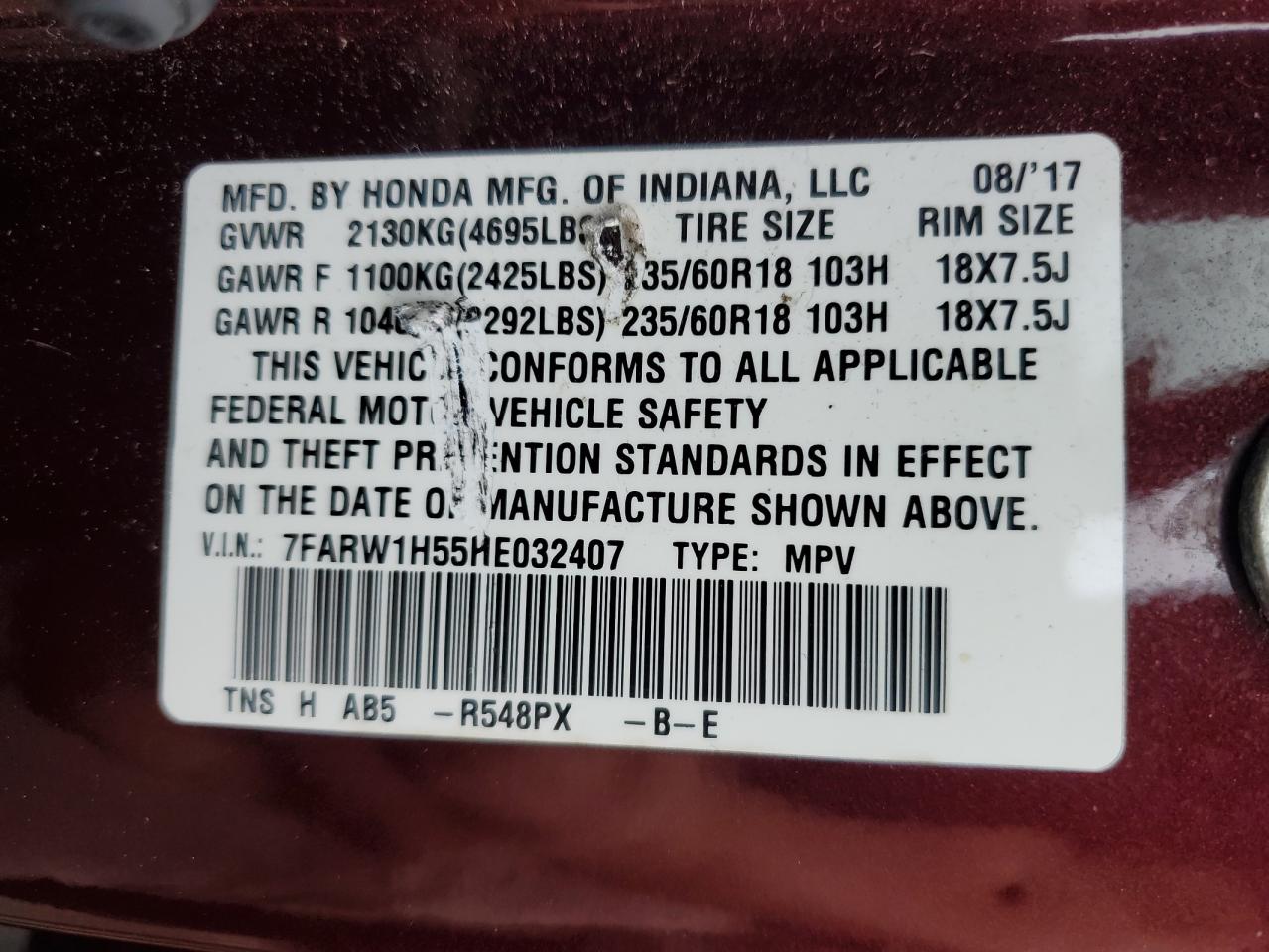 2017 Honda CR-V VIN 7FARW1H55HE032407 Copart auction photo, front end damage thumbnail 12
