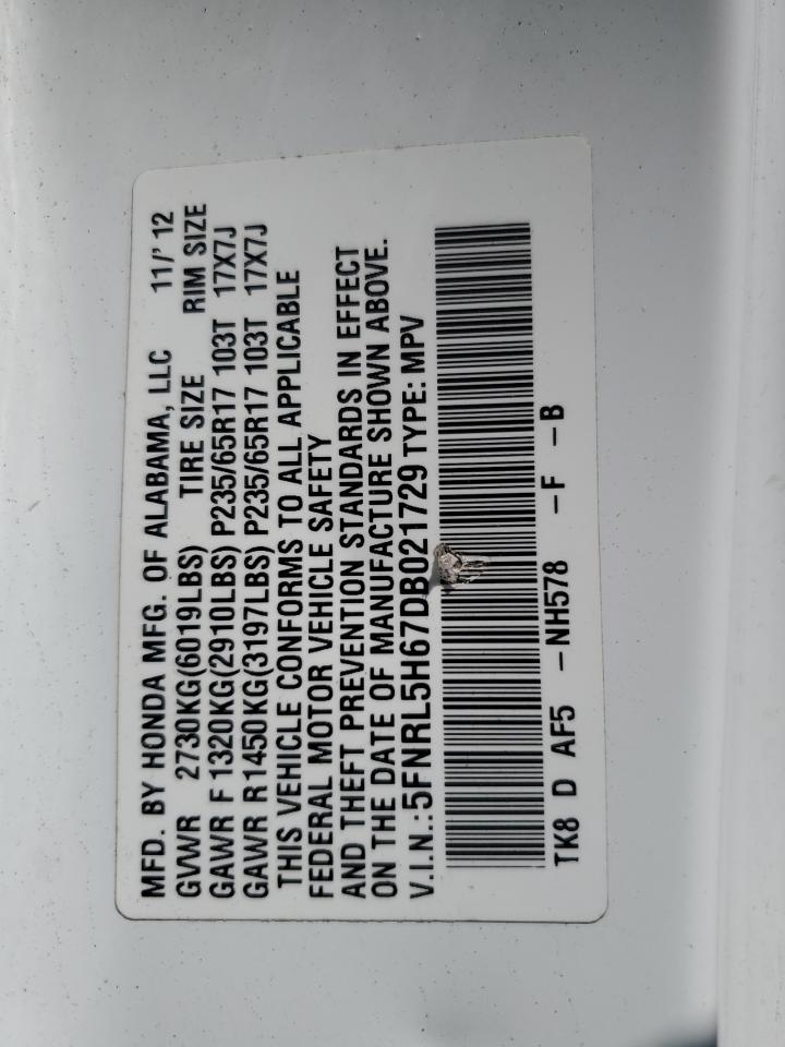 2013 Honda Odyssey VIN 5FNRL5H67DB021729 Copart auction photo, front end damage thumbnail 13