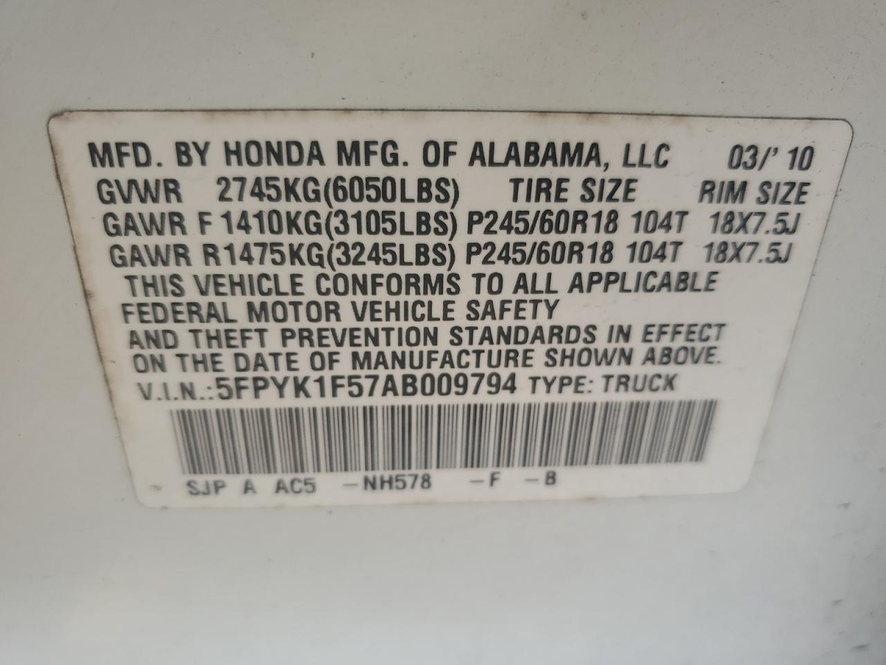 2010 Honda Ridgeline VIN 5FPYK1F57AB009794 Copart auction photo, front end / minor dent/scratches damage thumbnail 12
