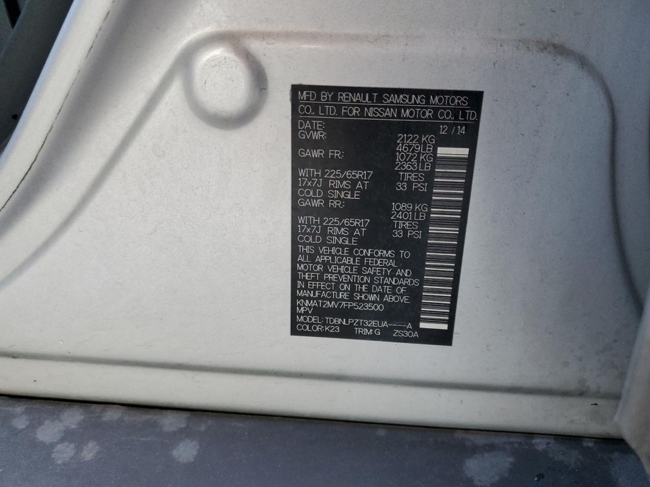 2015 Nissan Rogue VIN KNMAT2MV7FP523500 Copart auction photo, front end damage thumbnail 13