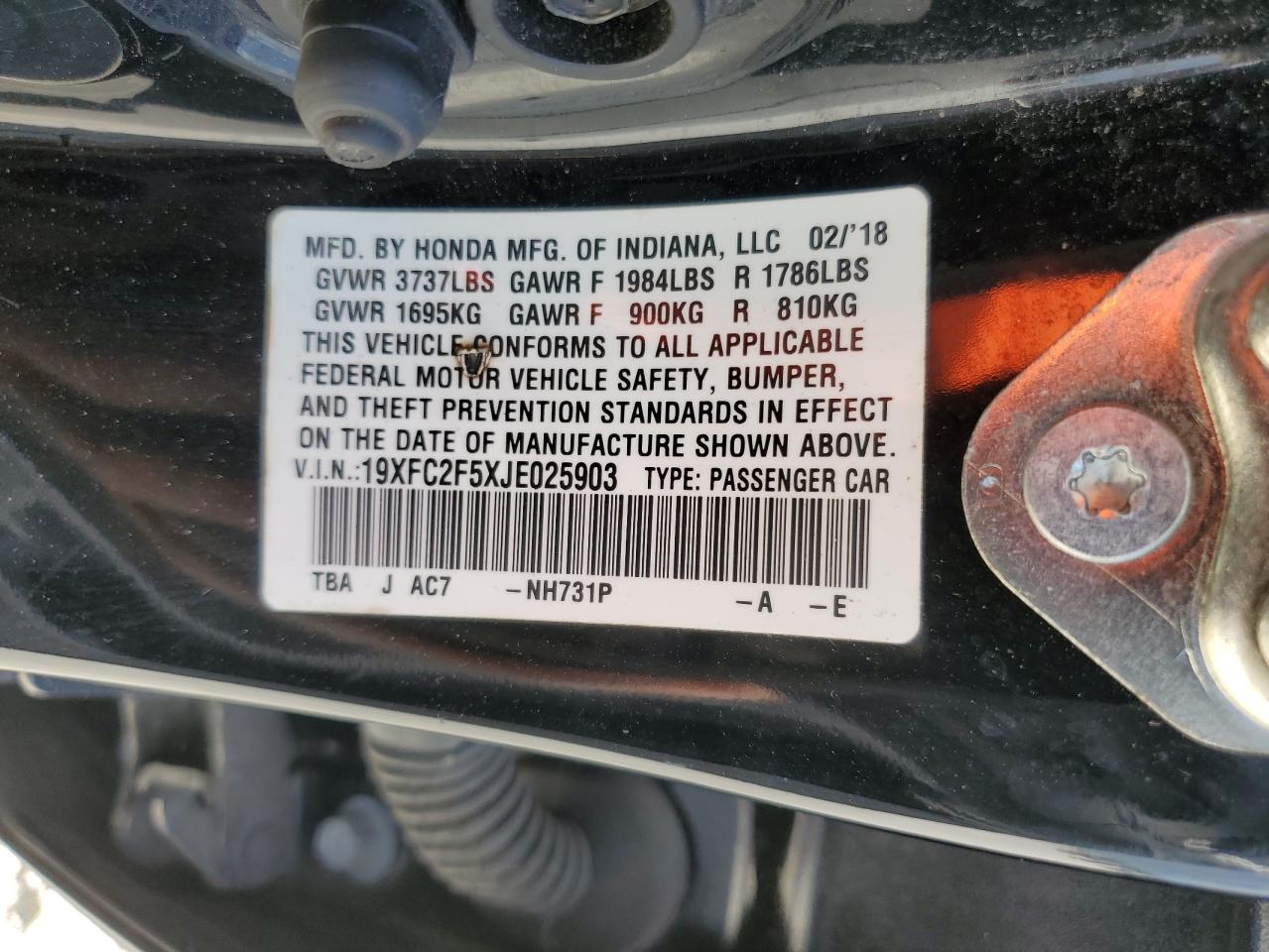 2018 Honda Civic VIN 19XFC2F5XJE025903 Copart auction photo, side / front end damage thumbnail 14