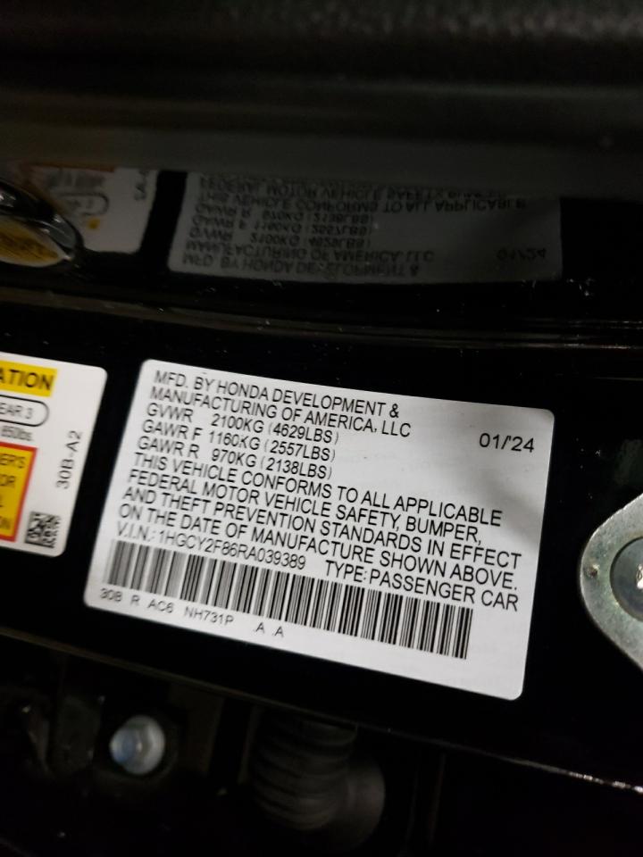 2024 Honda Accord VIN 1HGCY2F86RA039389 Copart auction photo, rear end damage thumbnail 14