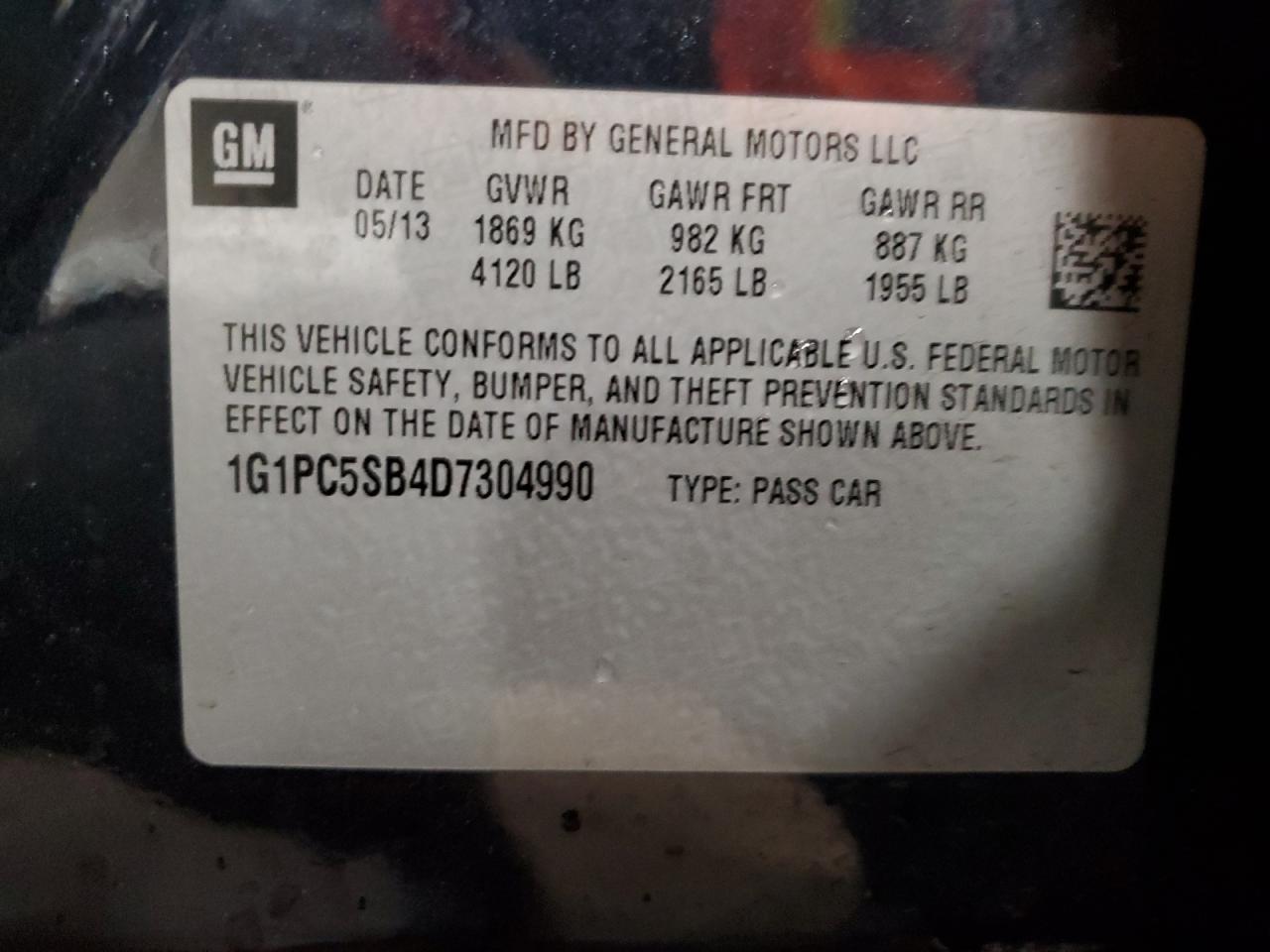 2013 Chevrolet Cruze VIN 1G1PC5SB4D7304990 Copart auction photo, front end / side damage thumbnail 13