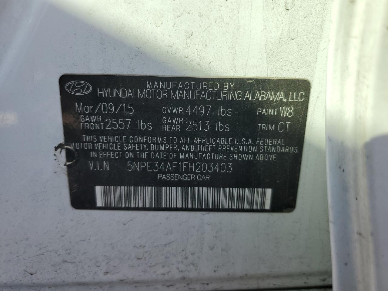 2015 Hyundai Sonata VIN 5NPE34AF1FH203403 Copart auction photo, front end damage thumbnail 13