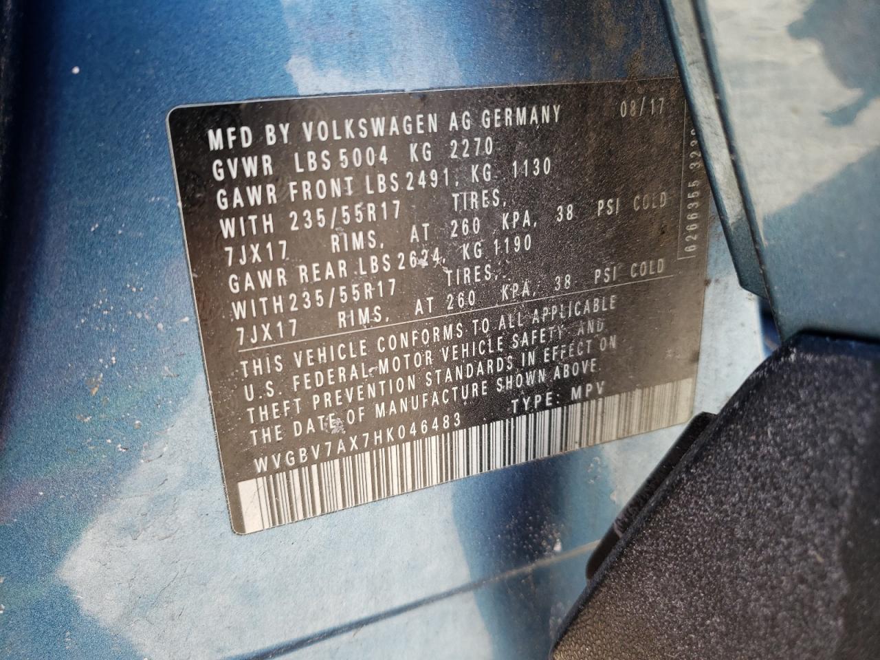 2017 Volkswagen Tiguan VIN WVGBV7AX7HK046483 Copart auction photo, front end / rear end damage thumbnail 16