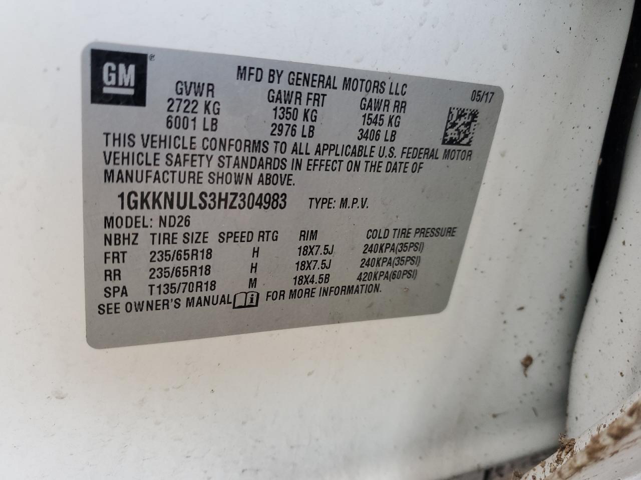 2017 GMC Acadia VIN 1GKKNULS3HZ304983 Copart auction photo, all over damage thumbnail 16