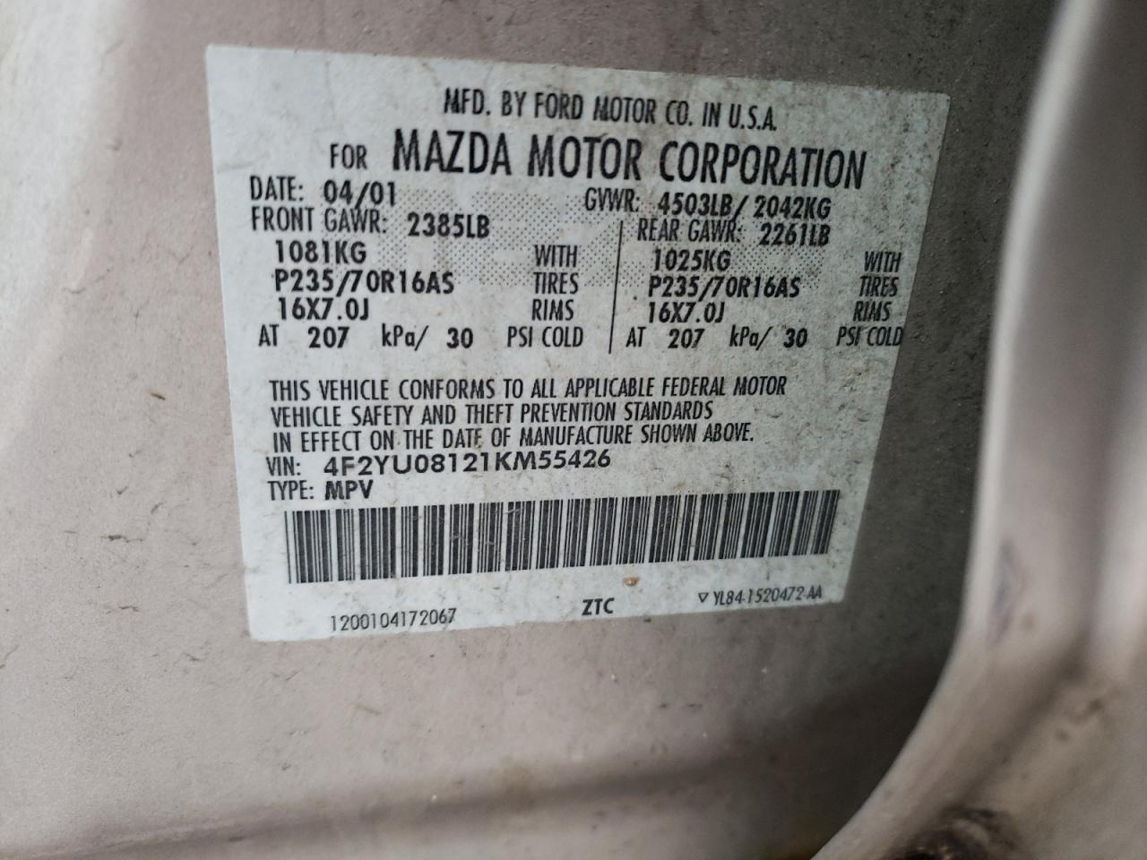 2001 Mazda Tribute VIN 4F2YU08121KM55426 Copart auction photo, rear end / front end damage thumbnail 13