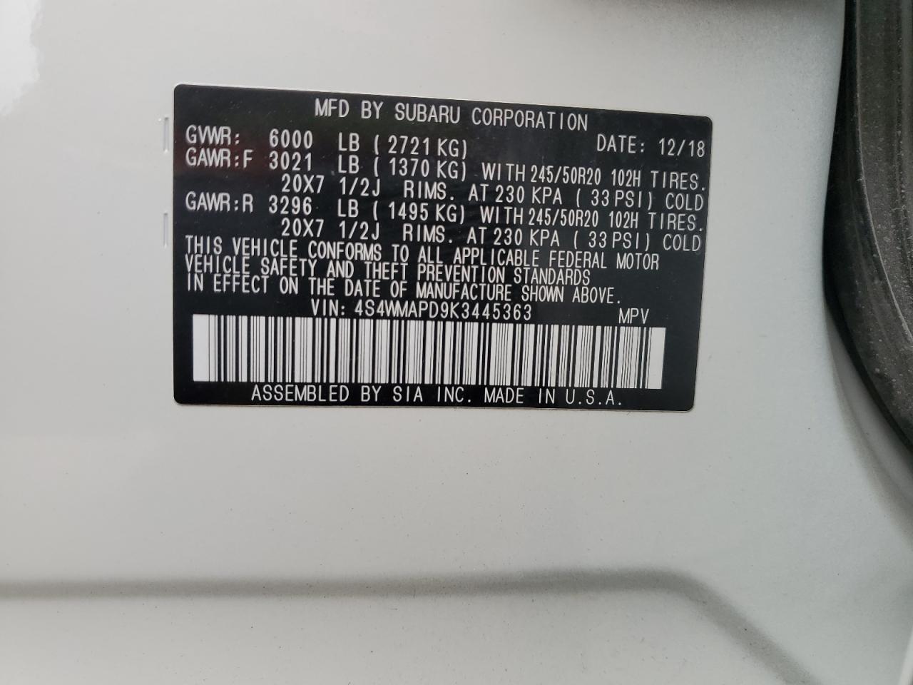 2019 Subaru Ascent VIN 4S4WMAPD9K3445363 Copart auction photo, side damage thumbnail 14
