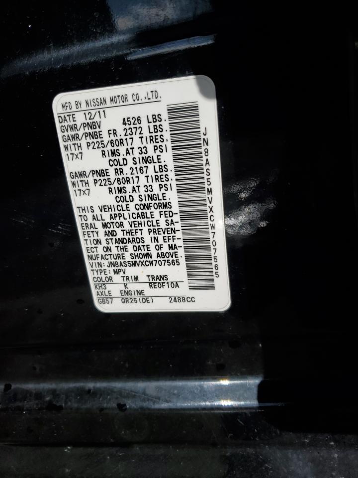 2012 Nissan Rogue VIN JN8AS5MVXCW707565 Copart auction photo, rear end / front end damage thumbnail 13