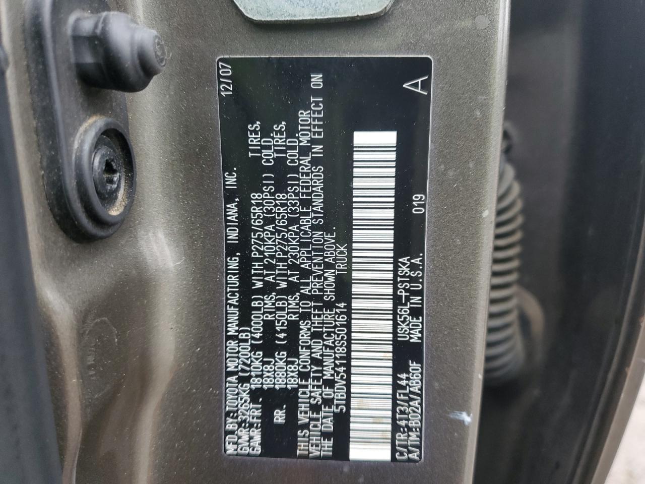 2008 Toyota Tundra VIN 5TBDV54118S501614 Copart auction photo, front end / rear end damage thumbnail 12