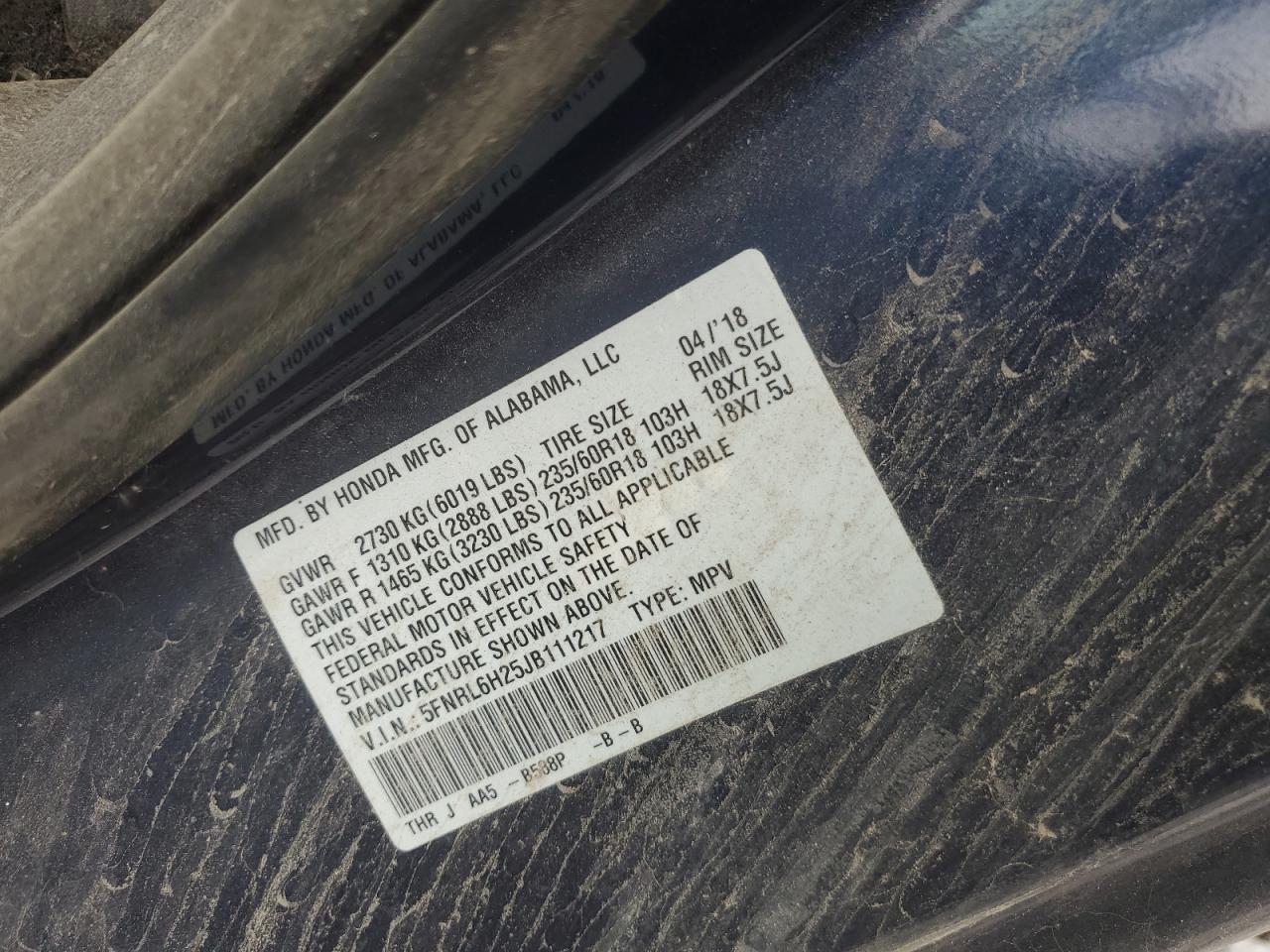 2018 Honda Odyssey VIN 5FNRL6H25JB111217 Copart auction photo, front end / side damage thumbnail 14
