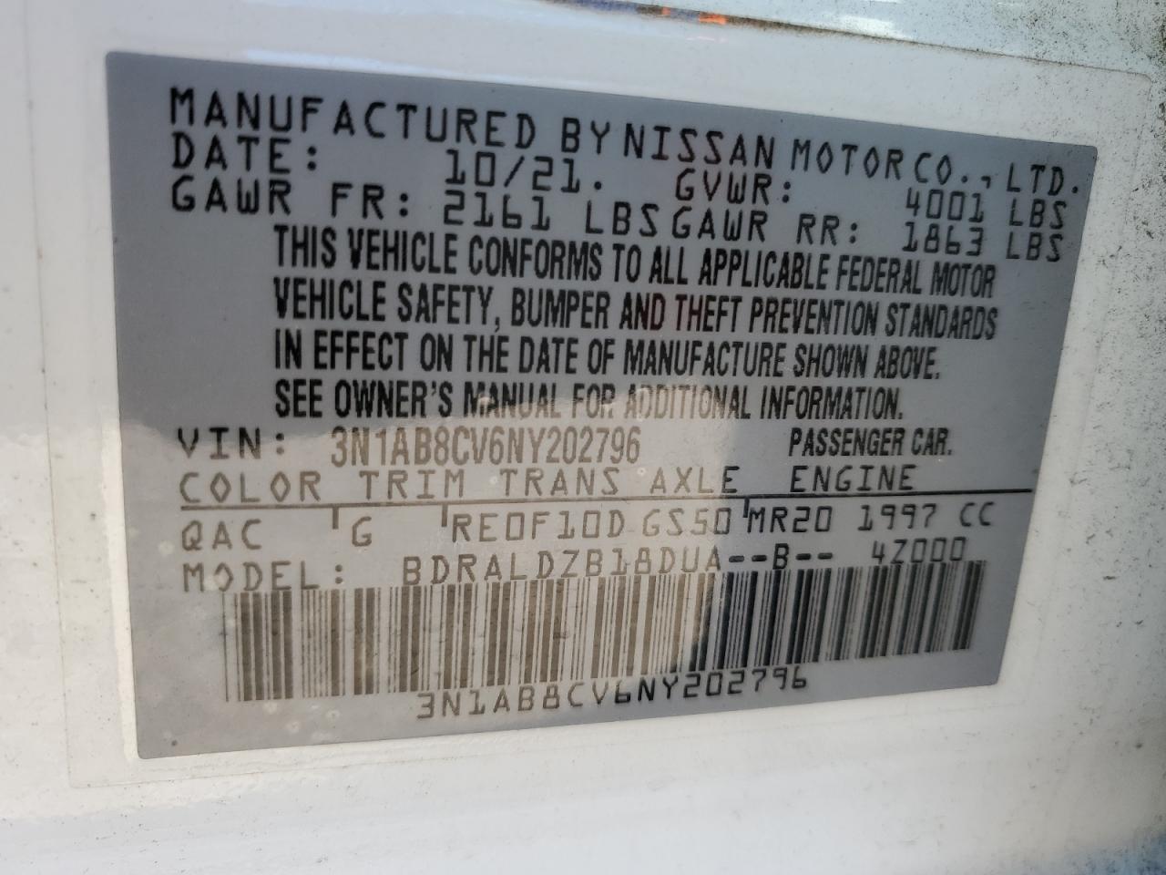 2022 Nissan Sentra VIN 3N1AB8CV6NY202796 Copart auction photo, side / front end damage thumbnail 14