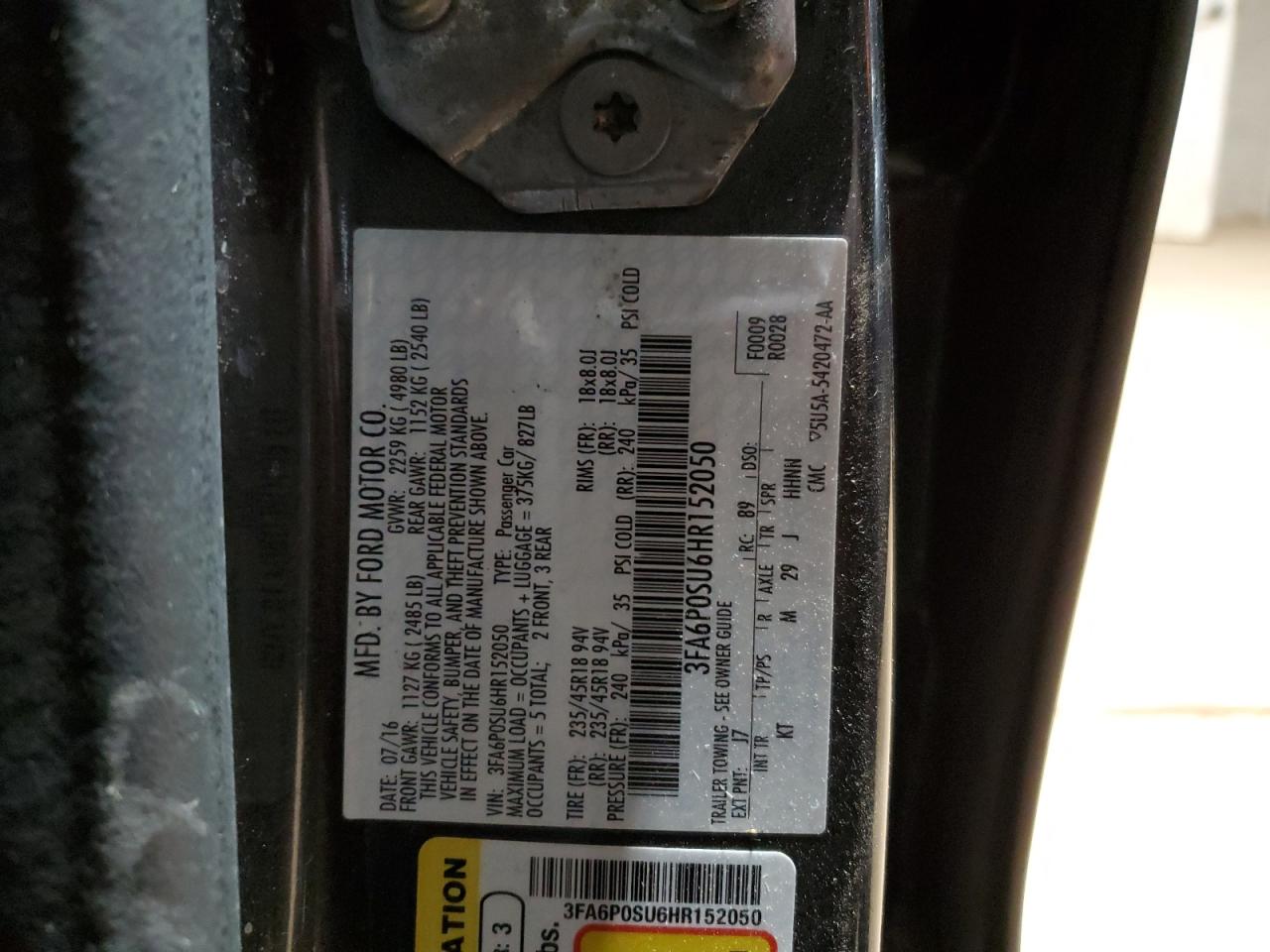 2017 Ford Fusion VIN 3FA6P0SU6HR152050 Copart auction photo, front end / side damage thumbnail 12