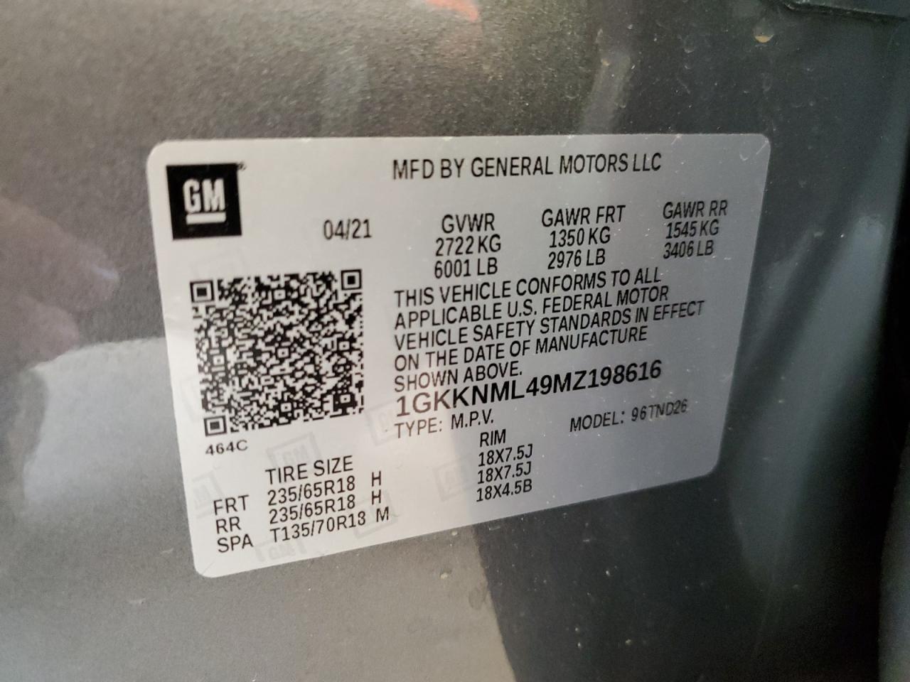 2021 GMC Acadia VIN 1GKKNML49MZ198616 Copart auction photo, front end damage thumbnail 15