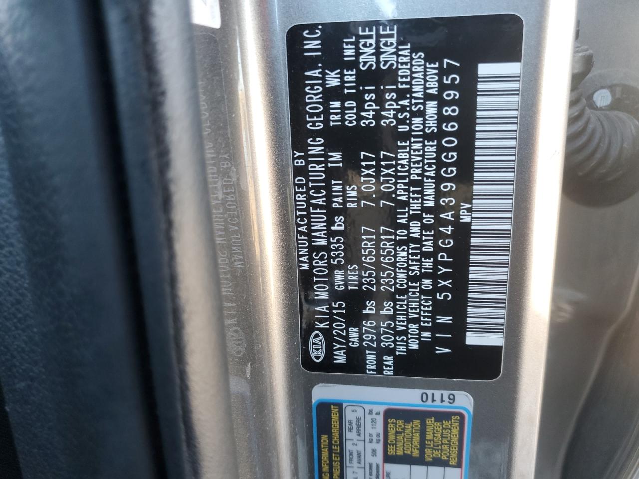 2016 KIA Sorento VIN 5XYPG4A39GG068957 Copart auction photo, front end damage thumbnail 12