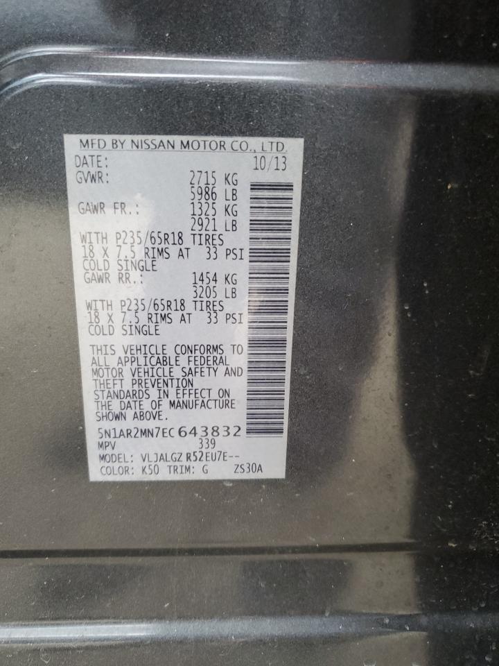 2014 Nissan Pathfinder VIN 5N1AR2MN7EC643832 Copart auction photo, front end / side damage thumbnail 15