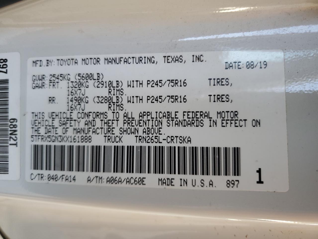 2019 Toyota Tacoma VIN 5TFRX5GN3KX161888 Copart auction photo, front end damage thumbnail 12