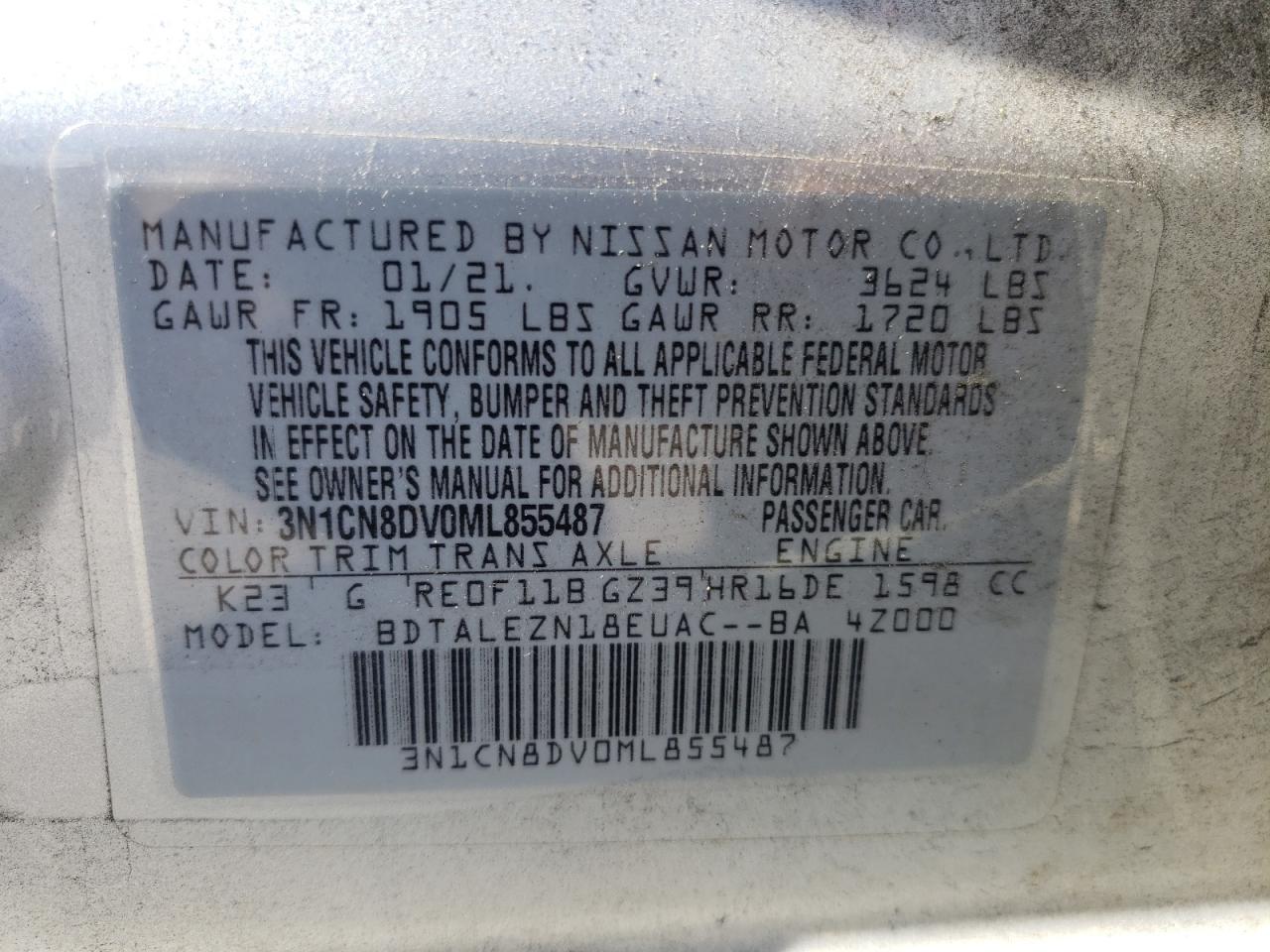 2021 Nissan Versa VIN 3N1CN8DV0ML855487 Copart auction photo, rear end / side damage thumbnail 14