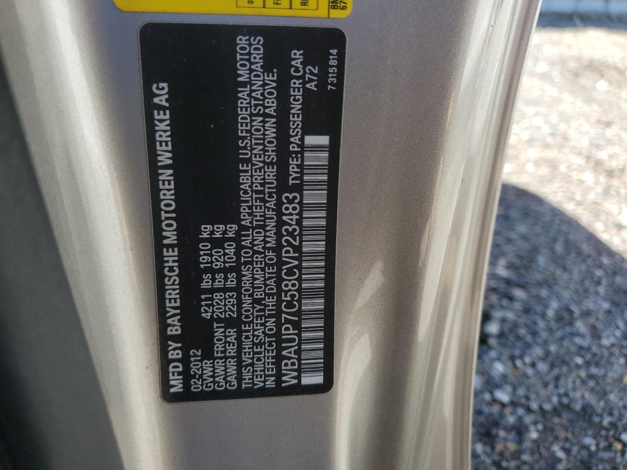 2012 BMW 1er VIN WBAUP7C58CVP23483 Copart auction photo, front end damage thumbnail 14