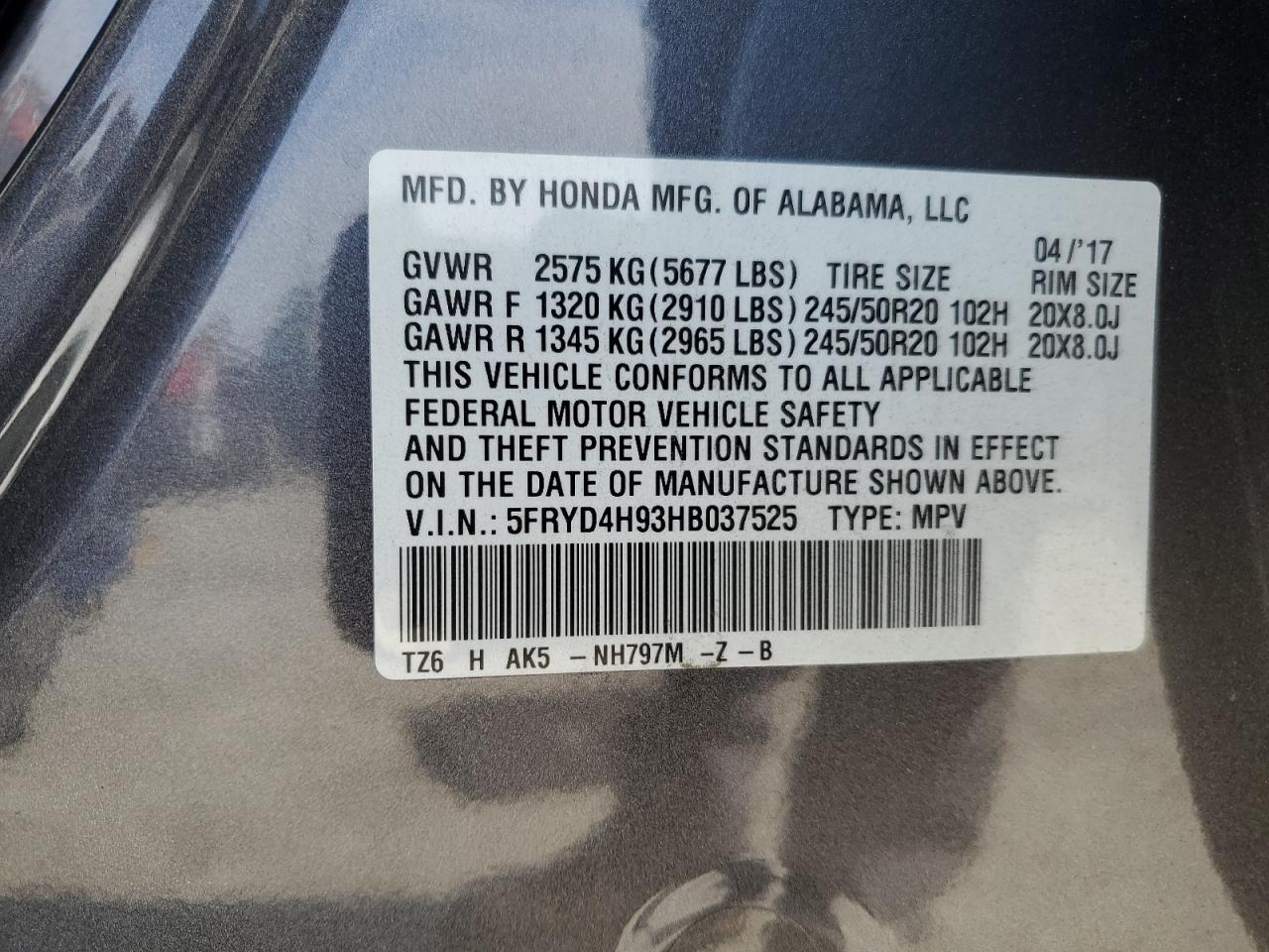 2017 Acura MDX VIN 5FRYD4H93HB037525 Copart auction photo, front end / rear end damage thumbnail 16