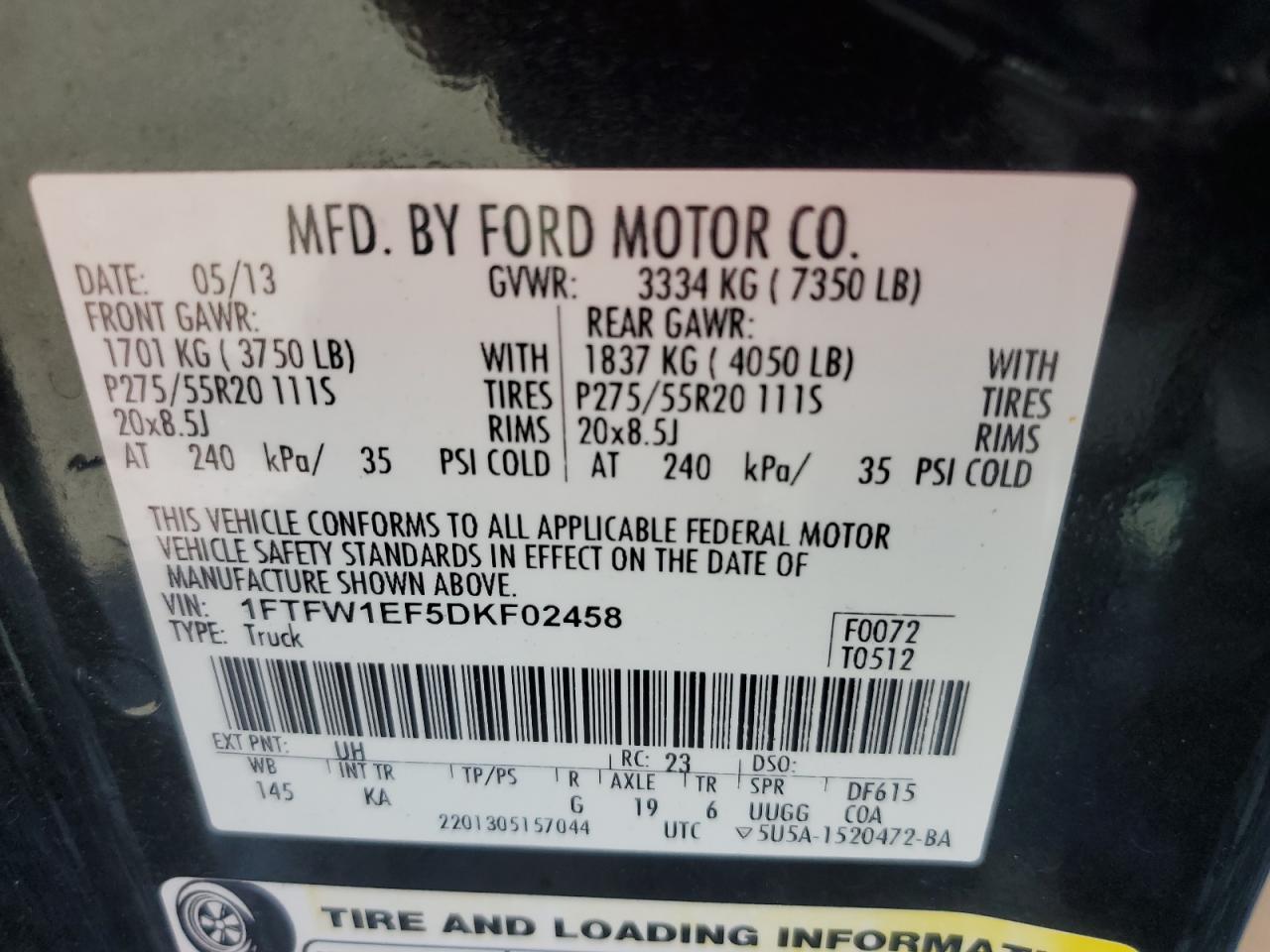 2013 Ford F-150 VIN 1FTFW1EF5DKF02458 Copart auction photo, side / front end damage thumbnail 12