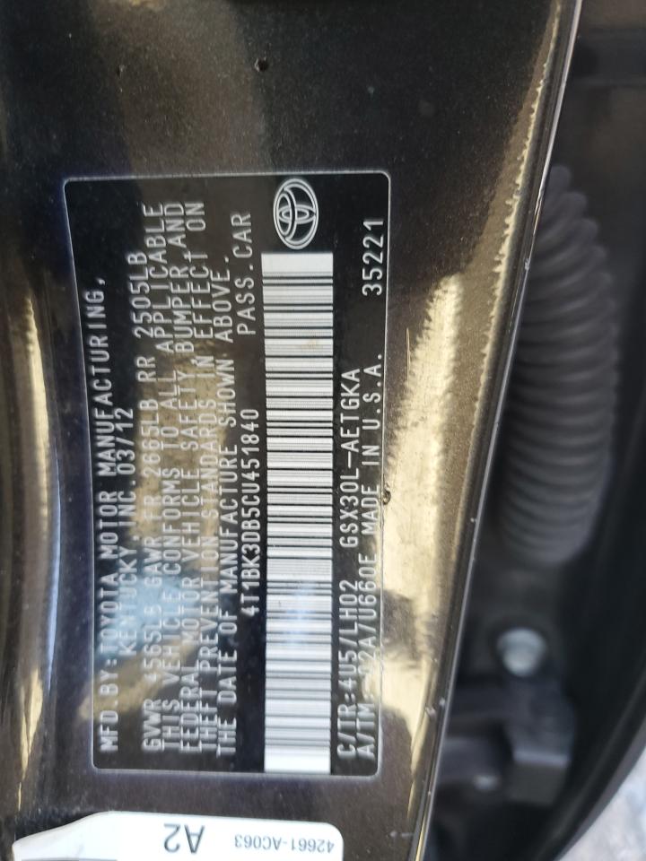 2012 Toyota Avalon VIN 4T1BK3DB5CU451840 Copart auction photo, rear end / minor dent/scratches damage thumbnail 12