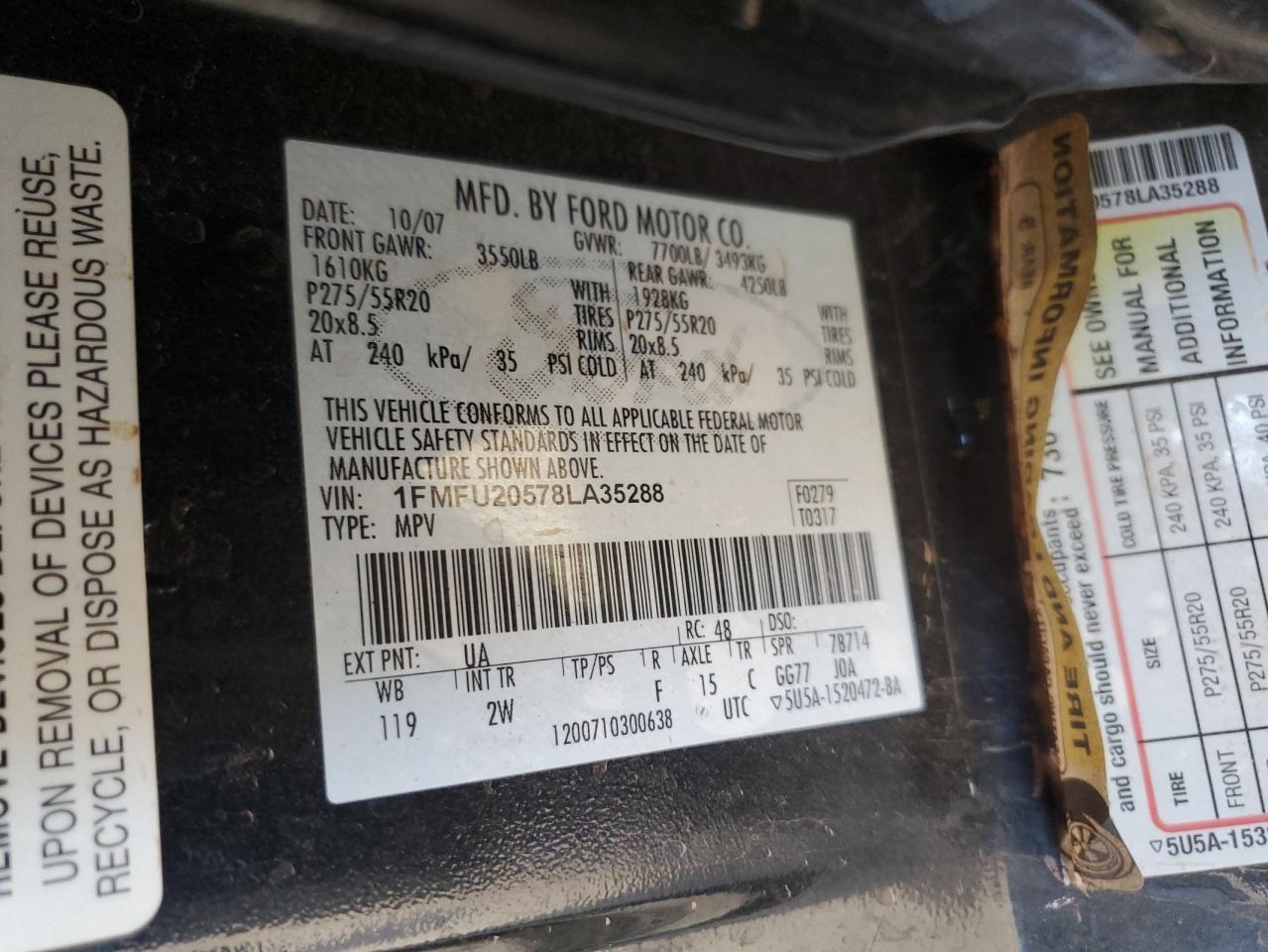 2008 Ford Expedition VIN 1FMFU20578LA35288 Copart auction photo, front end damage thumbnail 13
