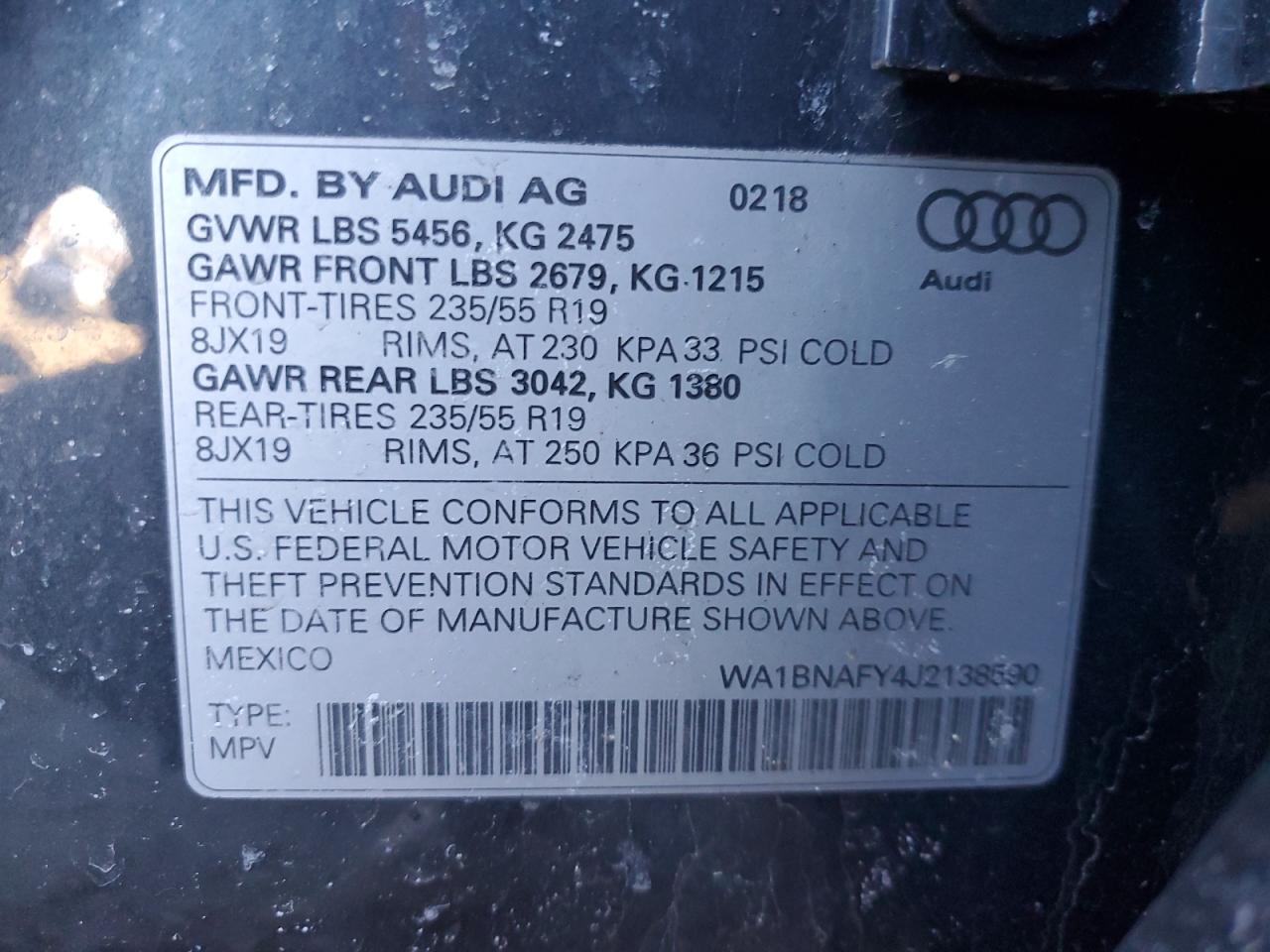 2018 Audi Q5 VIN WA1BNAFY4J2138590 Copart auction photo, rear end damage thumbnail 13