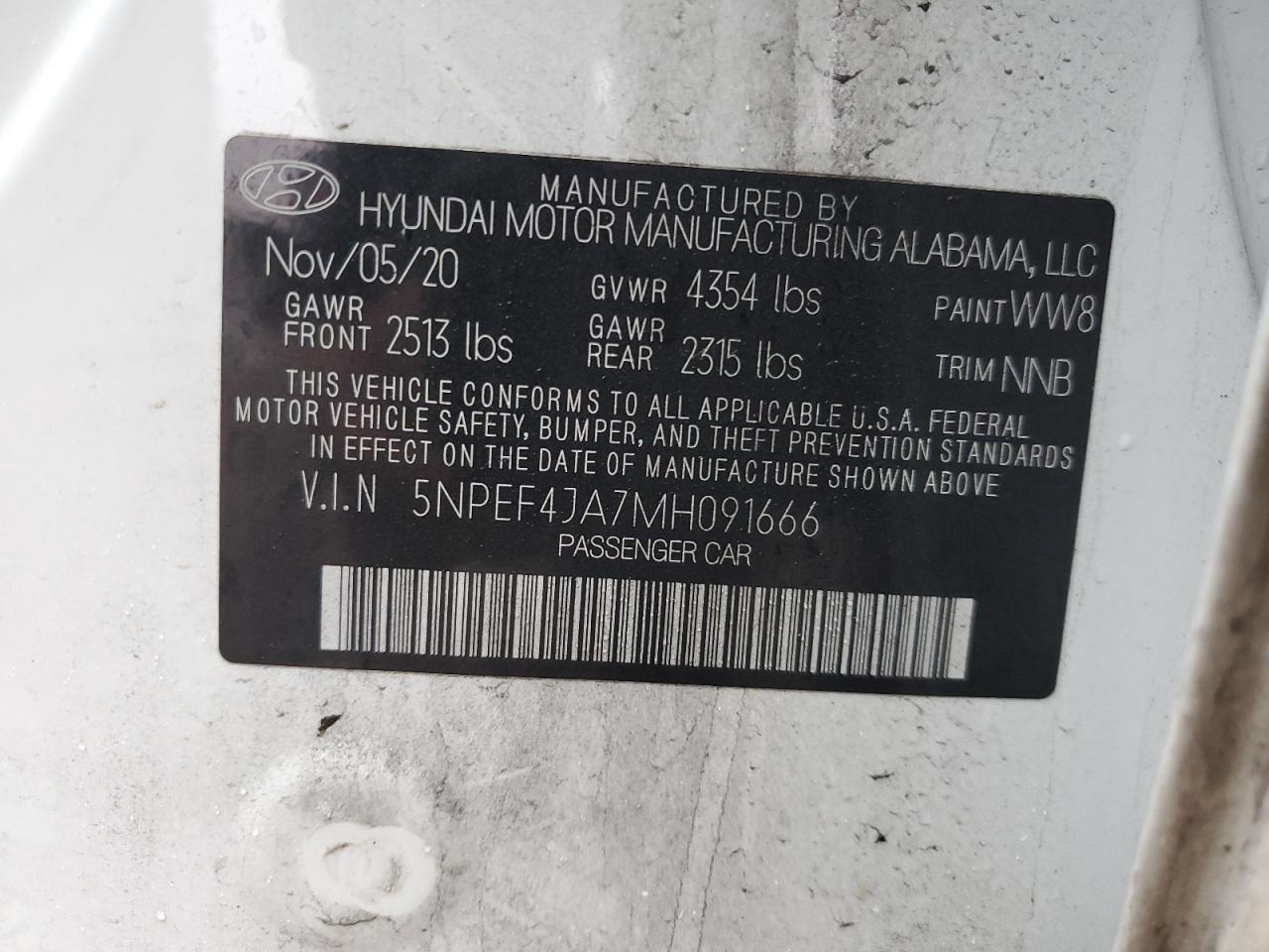 2021 Hyundai Sonata VIN 5NPEF4JA7MH091666 Copart auction photo, front end / side damage thumbnail 12