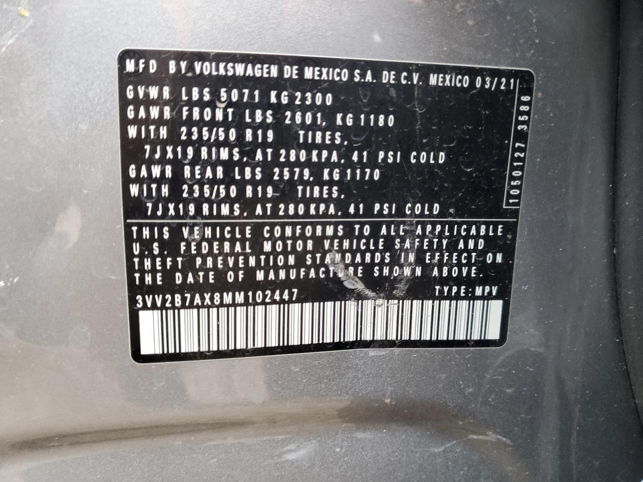 2021 Volkswagen Tiguan VIN 3VV2B7AX8MM102447 Copart auction photo, side damage thumbnail 15