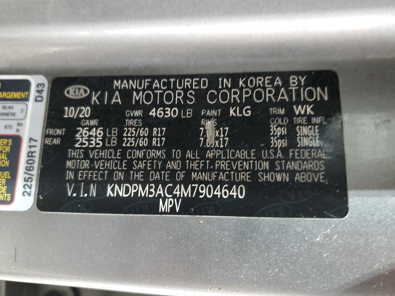2021 KIA Sportage VIN KNDPM3AC4M7904640 Copart auction photo, side / rear end damage thumbnail 13