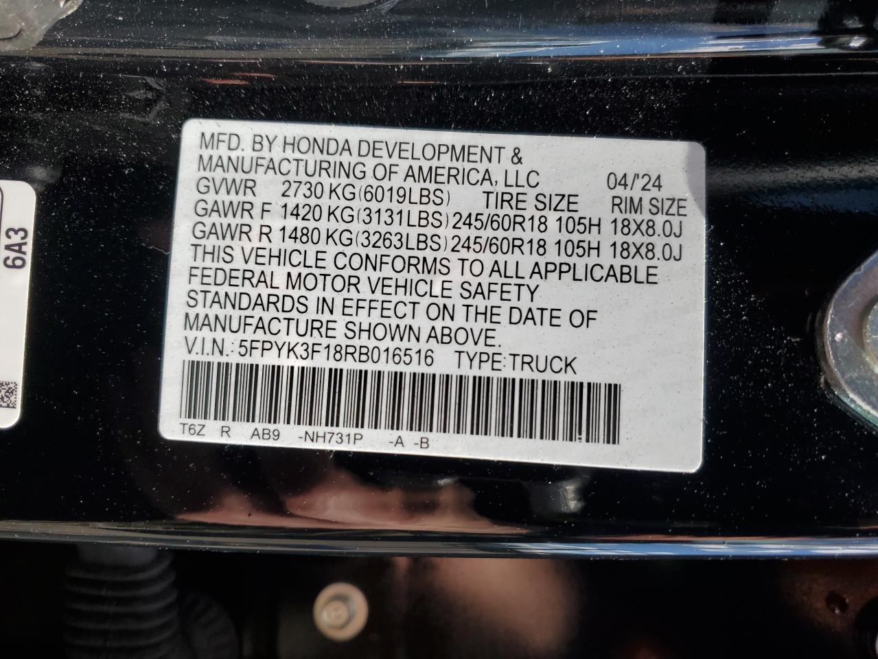 2024 Honda Ridgeline VIN 5FPYK3F18RB016516 Copart auction photo, front end / minor dent/scratches damage thumbnail 13