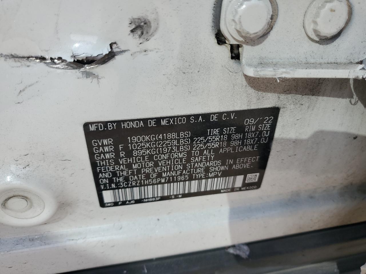 2023 Honda HR-V VIN 3CZRZ1H56PM711965 Copart auction photo, side damage thumbnail 13
