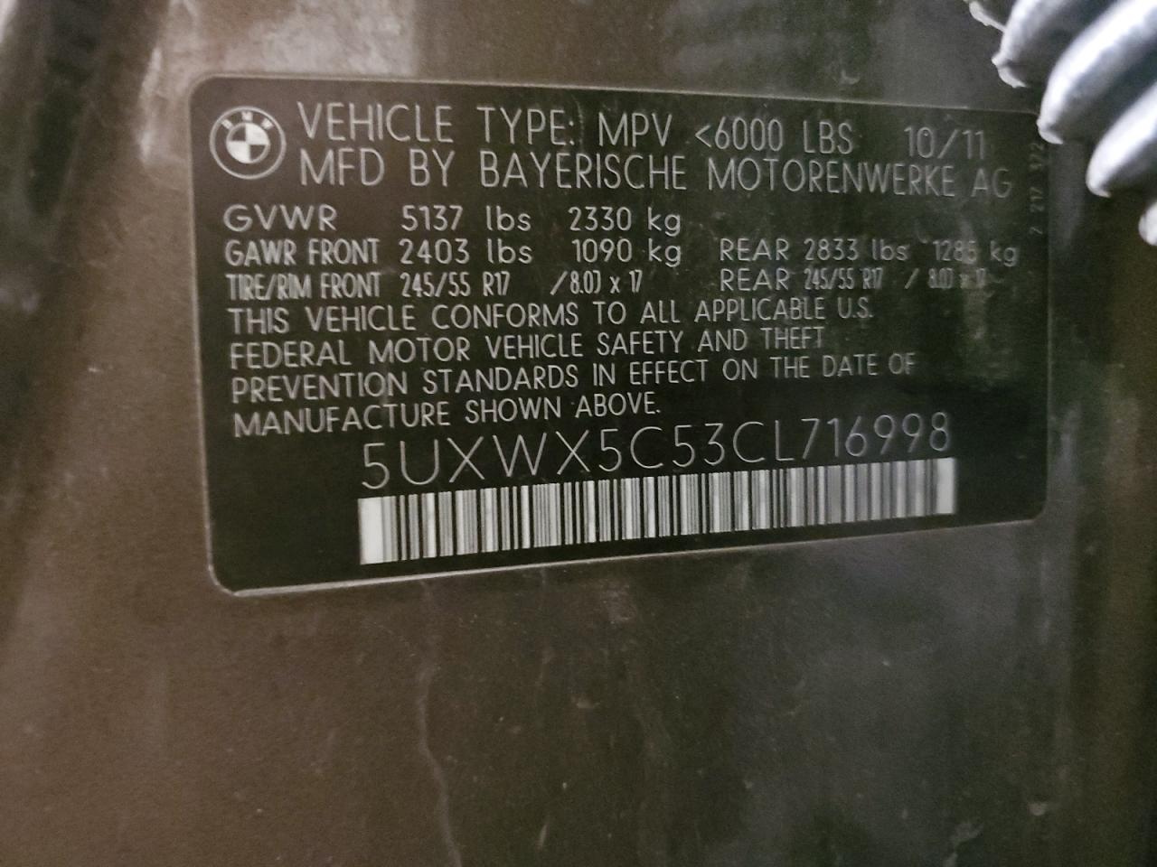2012 BMW X3 VIN 5UXWX5C53CL716998 Copart auction photo, front end / minor dent/scratches damage thumbnail 13