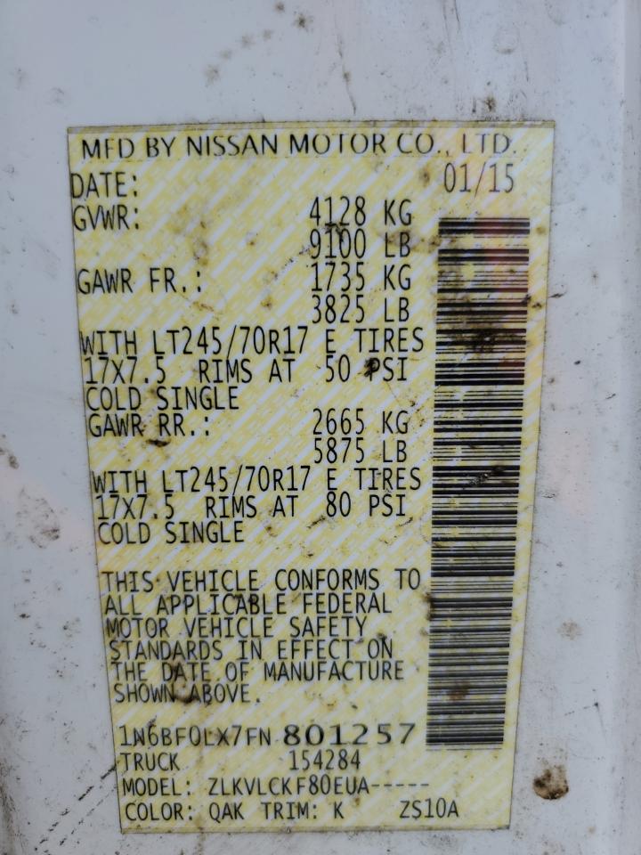 2015 Nissan NV VIN 1N6BF0LX7FN801257 Copart auction photo, normal wear / minor dent/scratches damage thumbnail 13