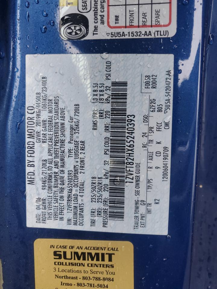 2006 Ford Mustang VIN 1ZVFT82HX65240393 Copart auction photo, front end / rear end damage thumbnail 12