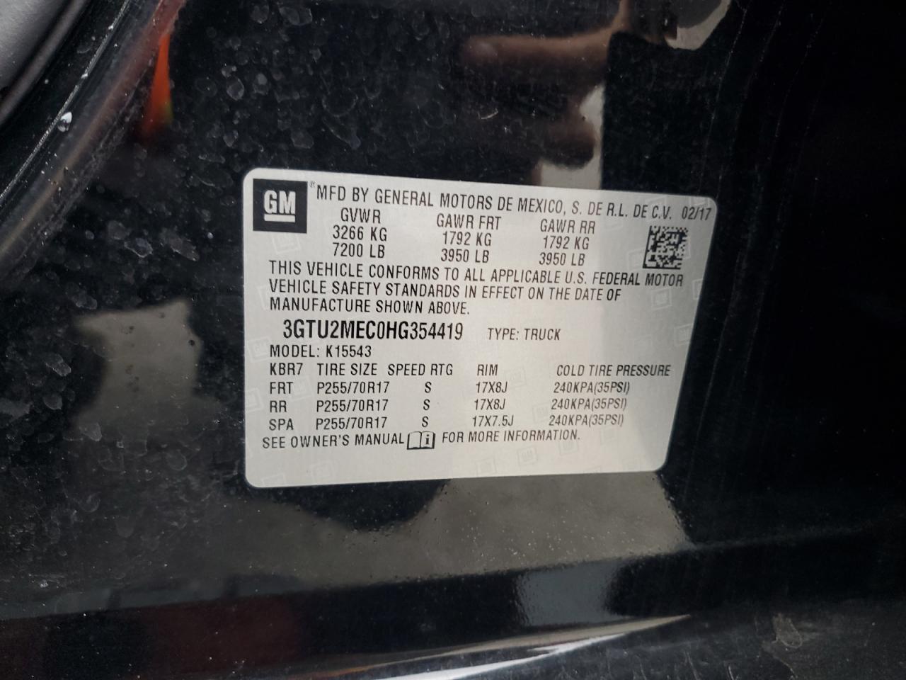 2017 GMC Sierra VIN 3GTU2MEC0HG354419 Copart auction photo, front end damage thumbnail 14
