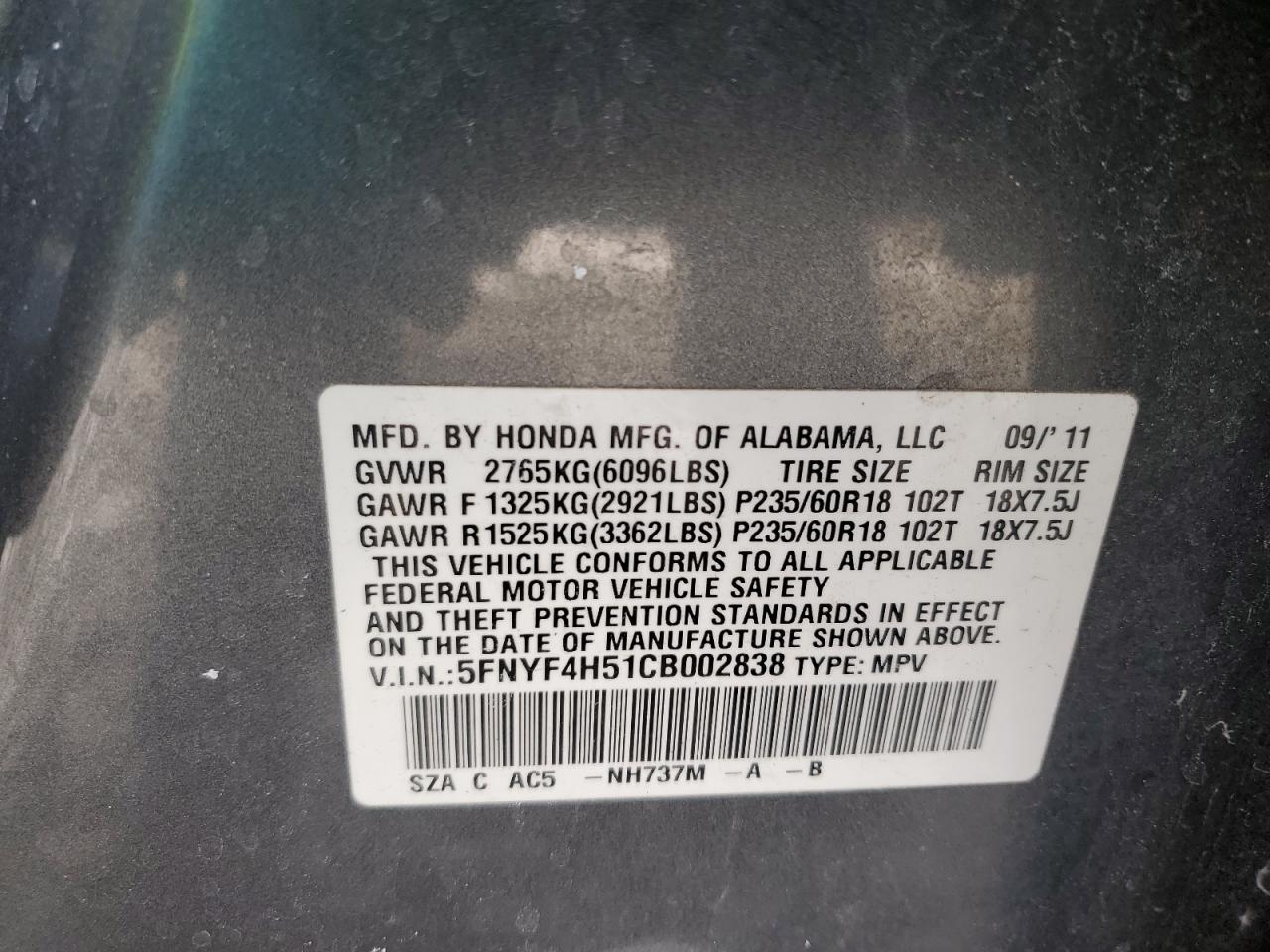 2012 Honda Pilot VIN 5FNYF4H51CB002838 Copart auction photo, front end damage thumbnail 13