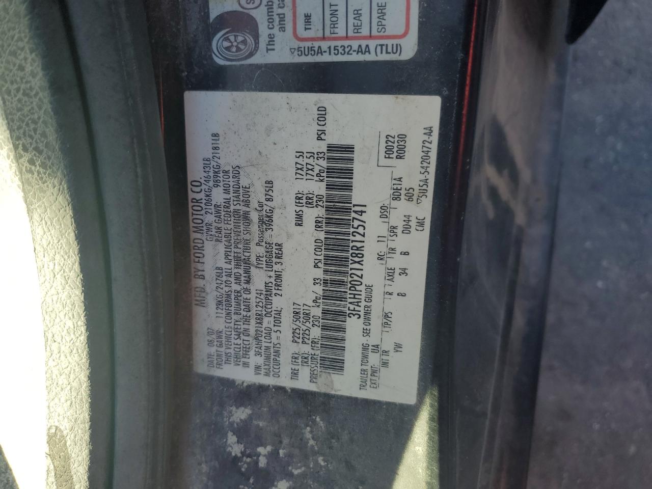2008 Ford Fusion VIN 3FAHP021X8R125741 Copart auction photo, burn - interior damage thumbnail 13