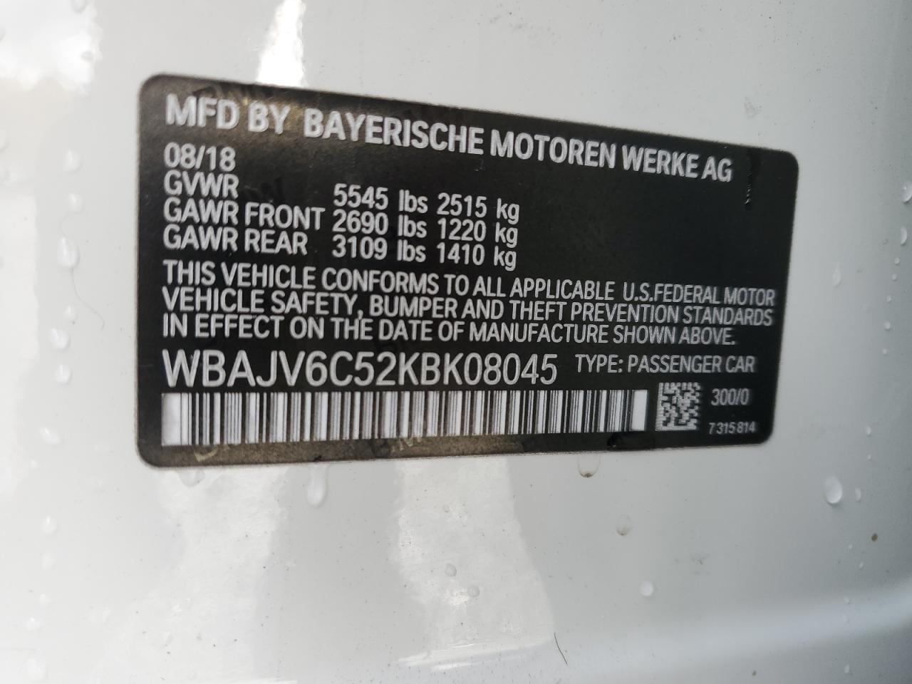 2019 BMW 6er VIN WBAJV6C52KBK08045 Copart auction photo, front end damage thumbnail 12